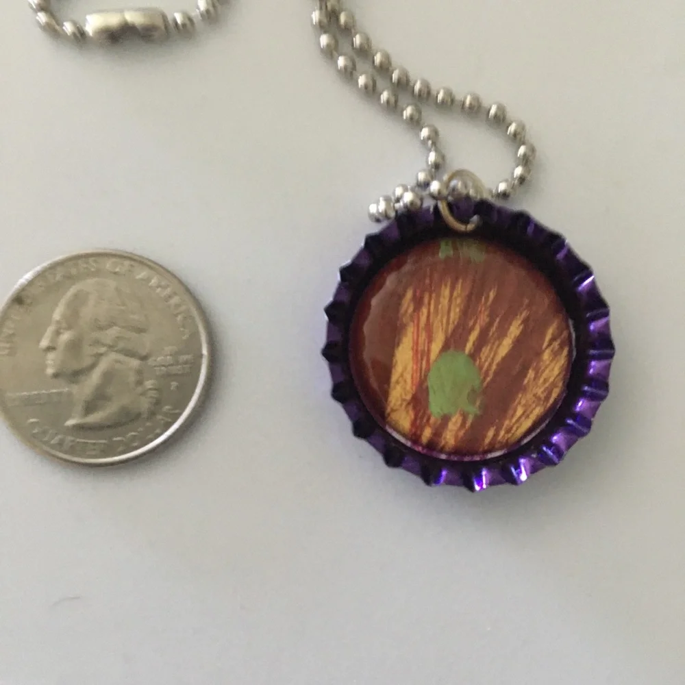 OOAK hand crafted‎ purple bottle cap pendant